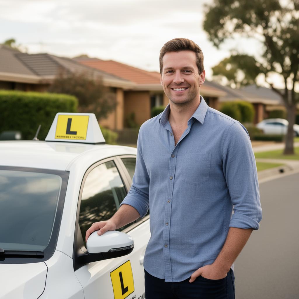 Friendly Werribee driving instructor next to dual-control car