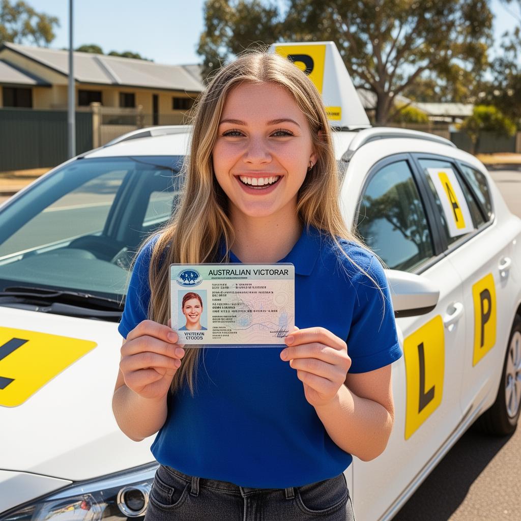 Happy student holding her new Victorian driver licence